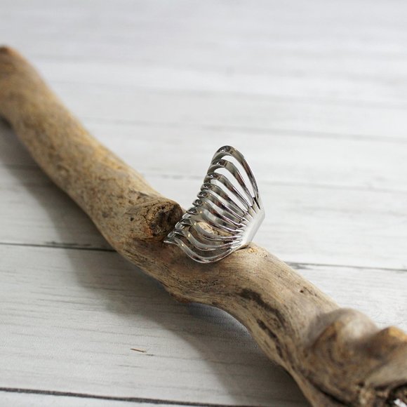 Handcrafted Women's Multi Layer Silver Metal Ring Chunky Artisan Jewelry - Picture 1 of 8